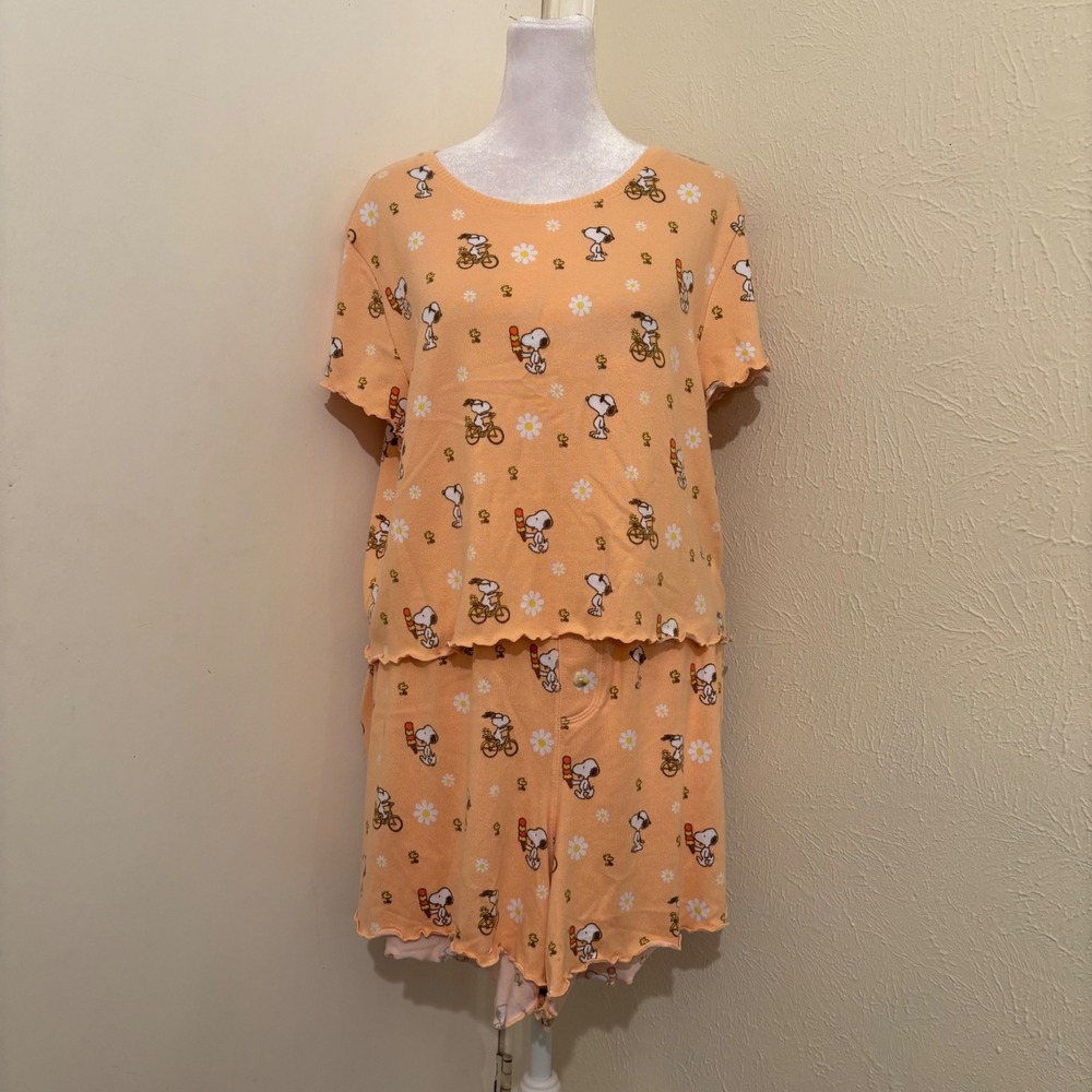 American Eagle AE Lounge Snoopy Peanuts Pajama Set Orange XXL Ribbed Trim